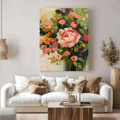 Vibrant Floral Oil Painting with Pink Roses and Lush Greenery for Home Decor