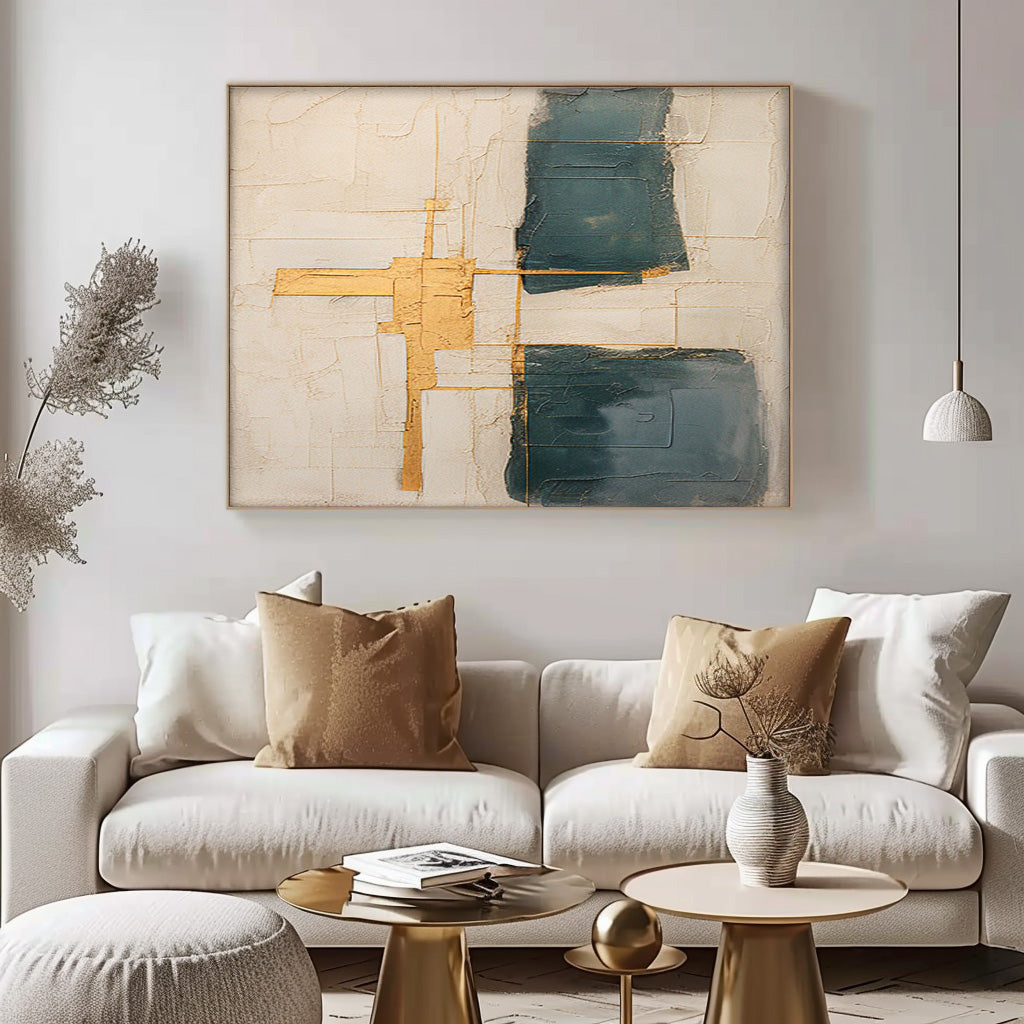 Abstract Minimalist Oil Painting with Gold Accents for Modern Home Decor