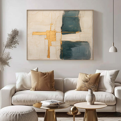 Abstract Minimalist Oil Painting with Gold Accents for Modern Home Decor