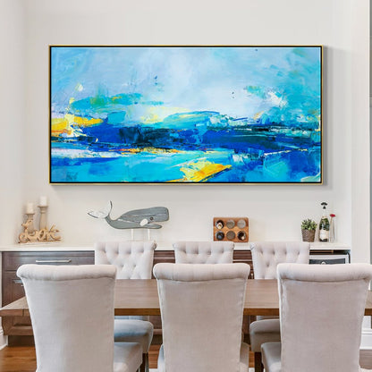 Serene Ocean Waves in Vibrant Blue and Yellow Oil Painting for Modern Decor