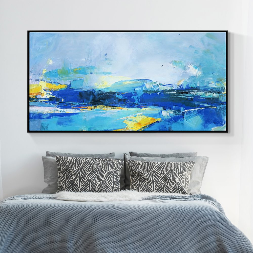 Serene Ocean Waves in Vibrant Blue and Yellow Oil Painting for Modern Decor