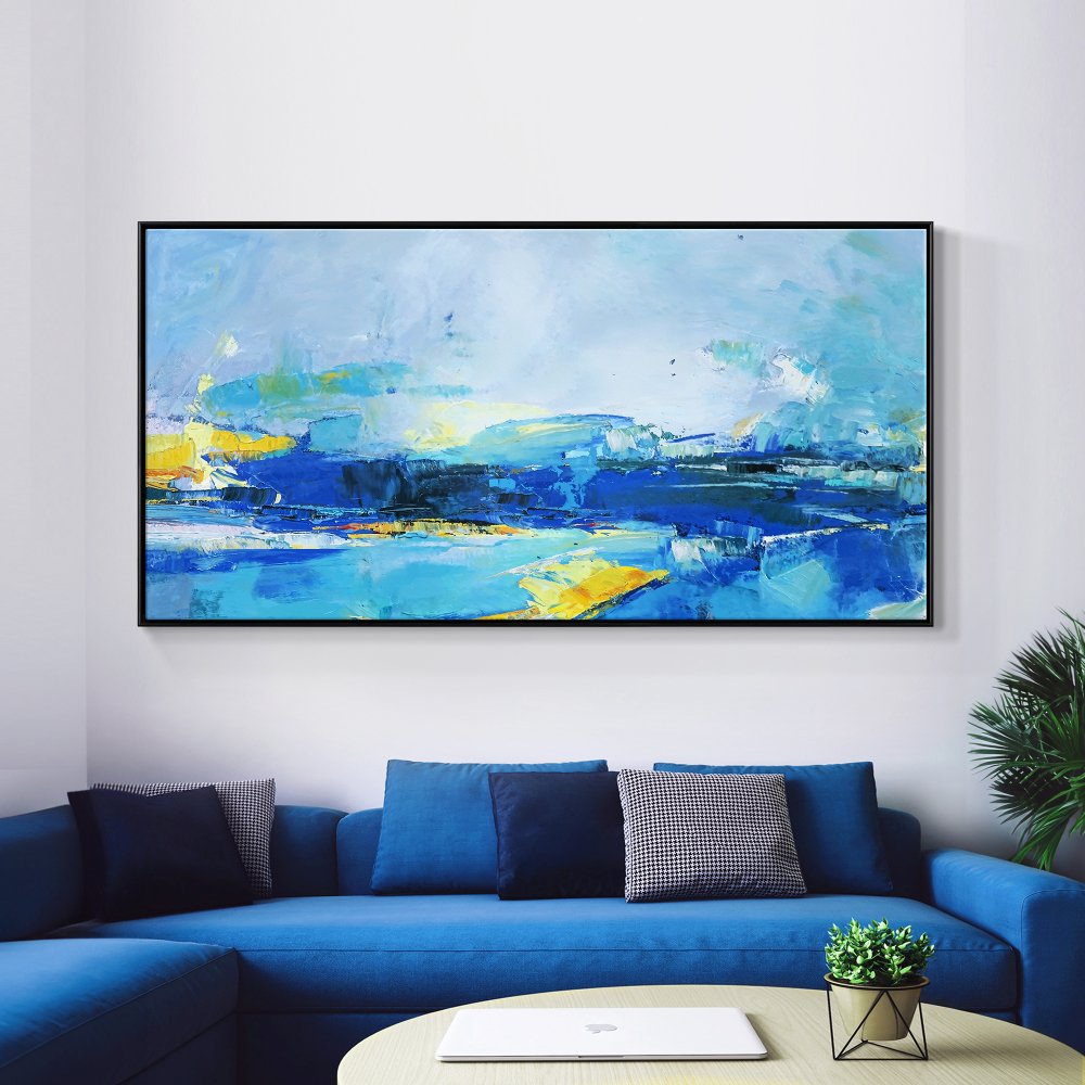 Serene Ocean Waves in Vibrant Blue and Yellow Oil Painting for Modern Decor