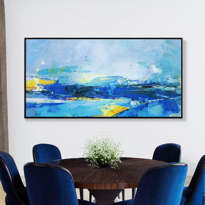 Serene Ocean Waves in Vibrant Blue and Yellow Oil Painting for Modern Decor