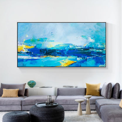 Serene Ocean Waves in Vibrant Blue and Yellow Oil Painting for Modern Decor