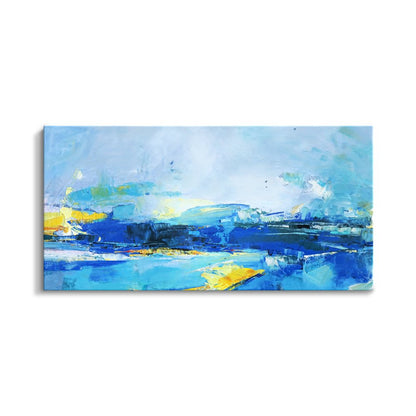 Serene Ocean Waves in Vibrant Blue and Yellow Oil Painting for Modern Decor