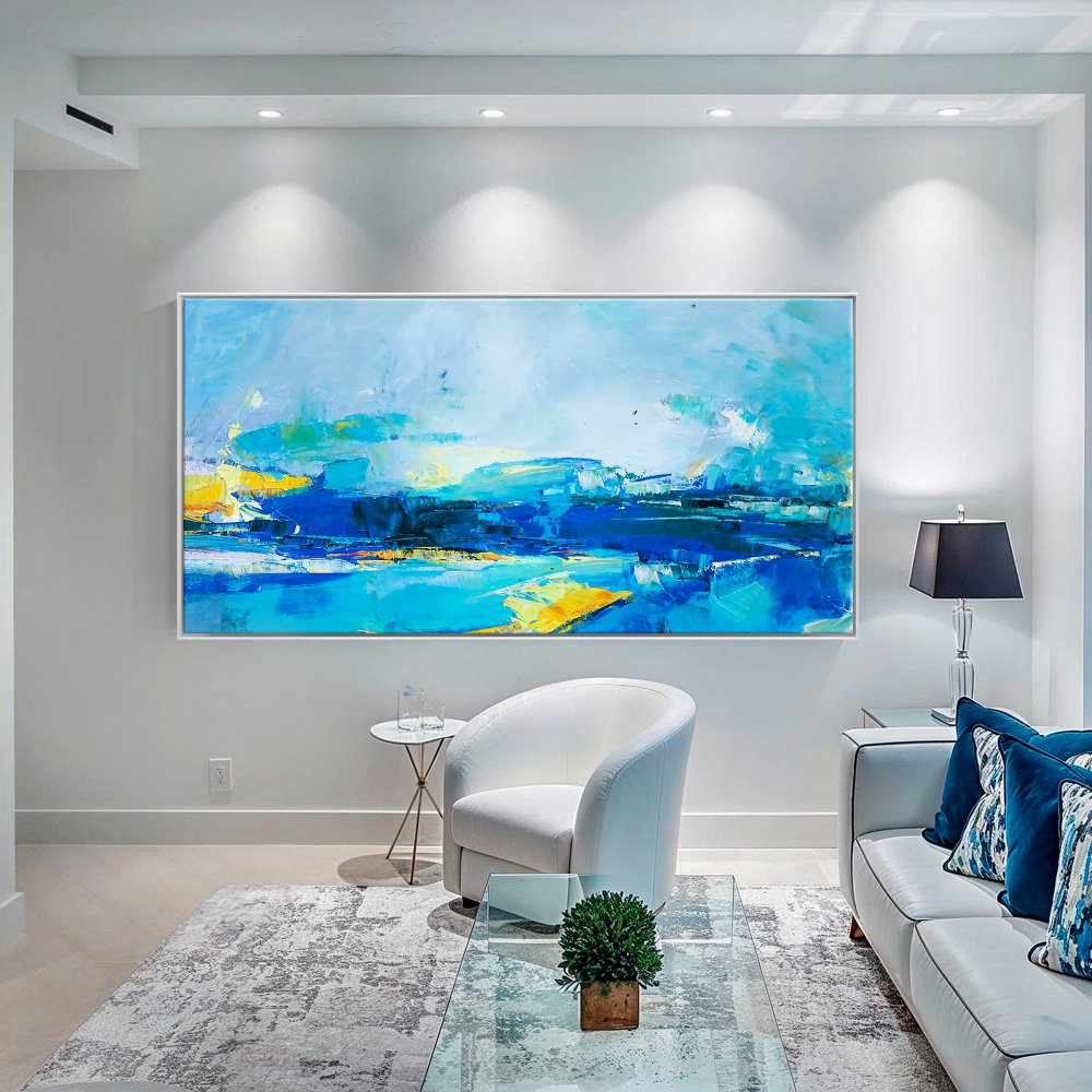 Serene Ocean Waves in Vibrant Blue and Yellow Oil Painting for Modern Decor