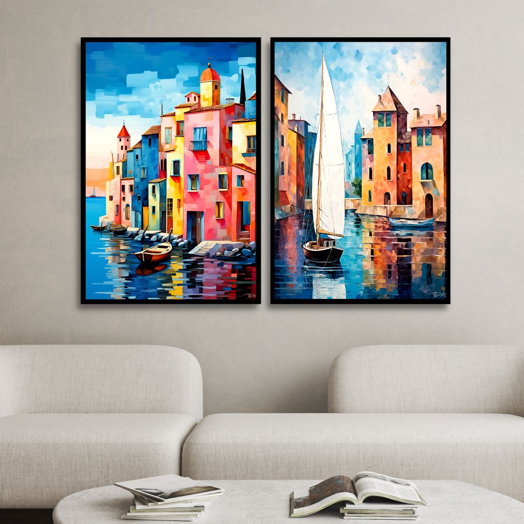 Vibrant Venice Canal Scene Oil Painting | Abstract Coastal Wall Art for Home Decor