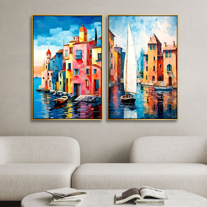 Vibrant Venice Canal Scene Oil Painting | Abstract Coastal Wall Art for Home Decor