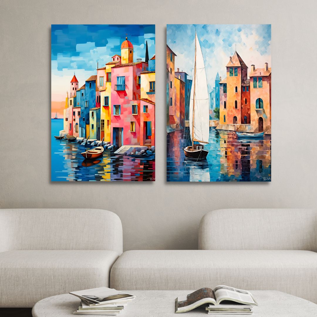 Vibrant Venice Canal Scene Oil Painting | Abstract Coastal Wall Art for Home Decor