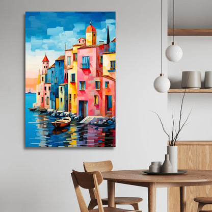 Vibrant Venice Canal Scene Oil Painting | Abstract Coastal Wall Art for Home Decor