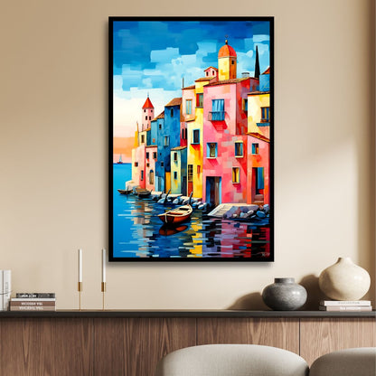 Vibrant Venice Canal Scene Oil Painting | Abstract Coastal Wall Art for Home Decor