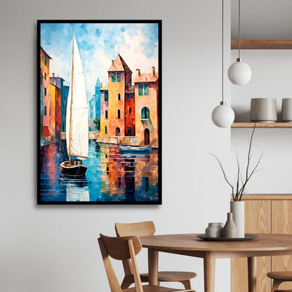 Vibrant Venice Canal Scene Oil Painting | Abstract Coastal Wall Art for Home Decor