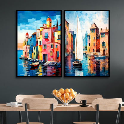 Vibrant Venice Canal Scene Oil Painting | Abstract Coastal Wall Art for Home Decor