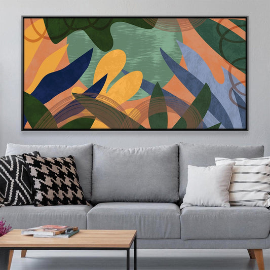 Vibrant Abstract Oil Painting of Foliage and Colorful Shapes for Modern Decor