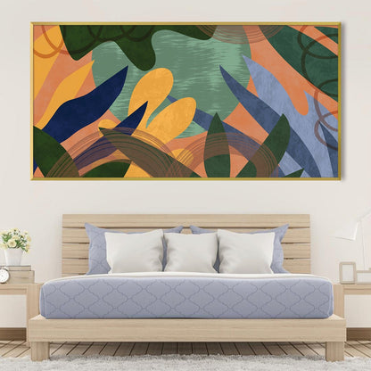 Vibrant Abstract Oil Painting of Foliage and Colorful Shapes for Modern Decor