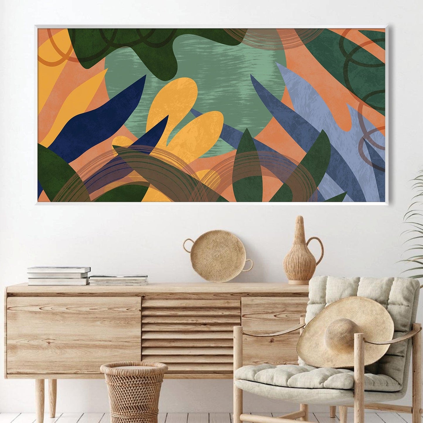 Vibrant Abstract Oil Painting of Foliage and Colorful Shapes for Modern Decor