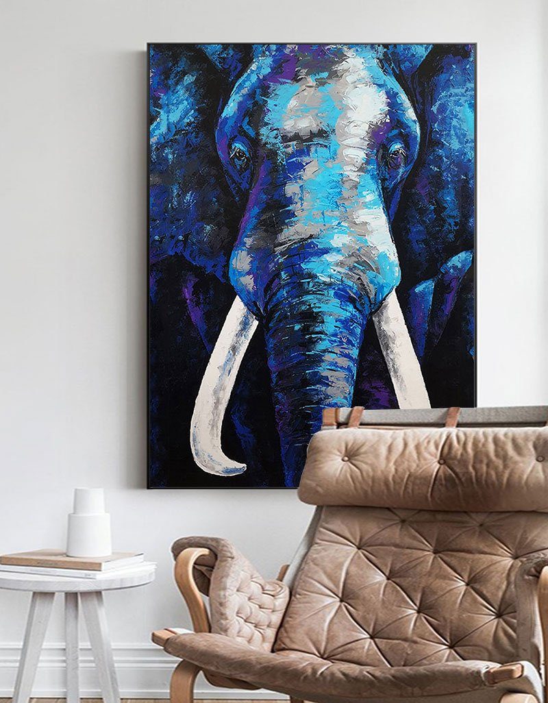 Vibrant Blue Elephant Abstract Oil Painting for Modern Home Decor