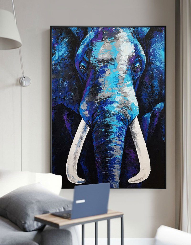 Vibrant Blue Elephant Abstract Oil Painting for Modern Home Decor