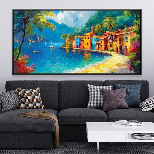 Colorful Coastal Village Oil Painting - Vibrant Seascape Art for Home Decor