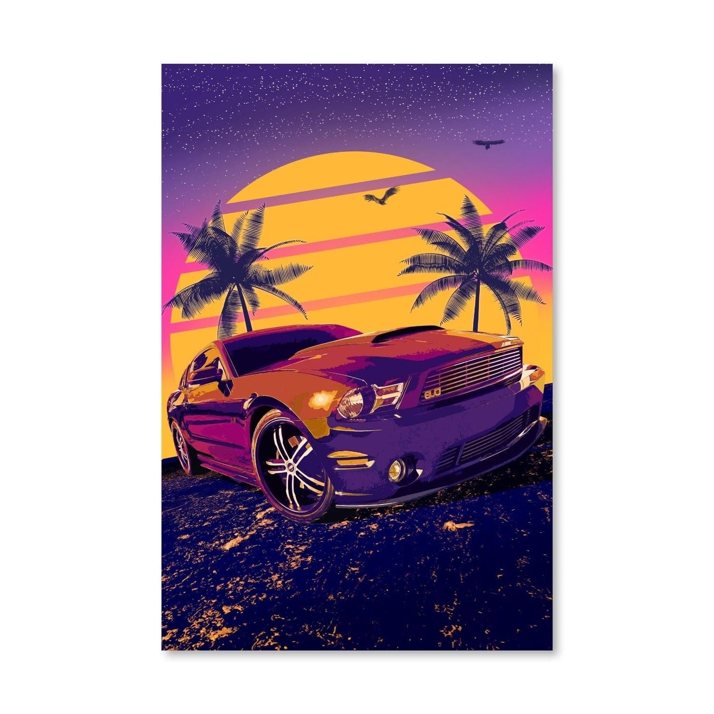 Tropical Sunset Muscle Car Oil Painting for Modern Home Decor