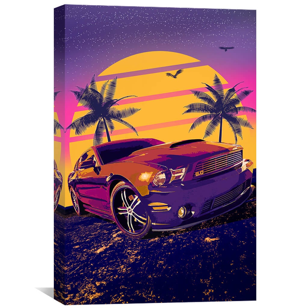 Tropical Sunset Muscle Car Oil Painting for Modern Home Decor