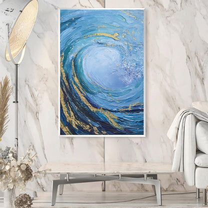Dynamic Abstract Wave Oil Painting in Vibrant Blues and Golds