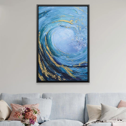 Dynamic Abstract Wave Oil Painting in Vibrant Blues and Golds