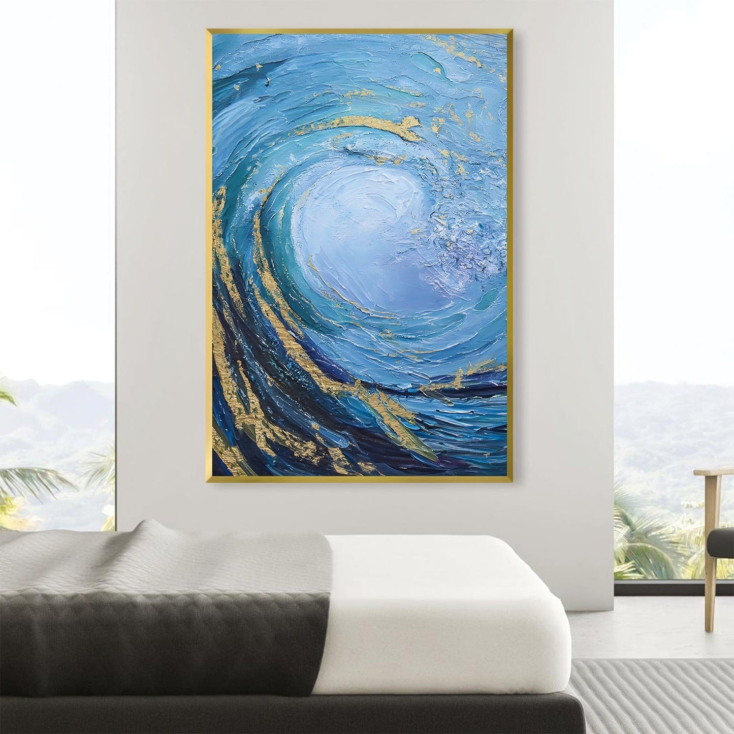 Dynamic Abstract Wave Oil Painting in Vibrant Blues and Golds