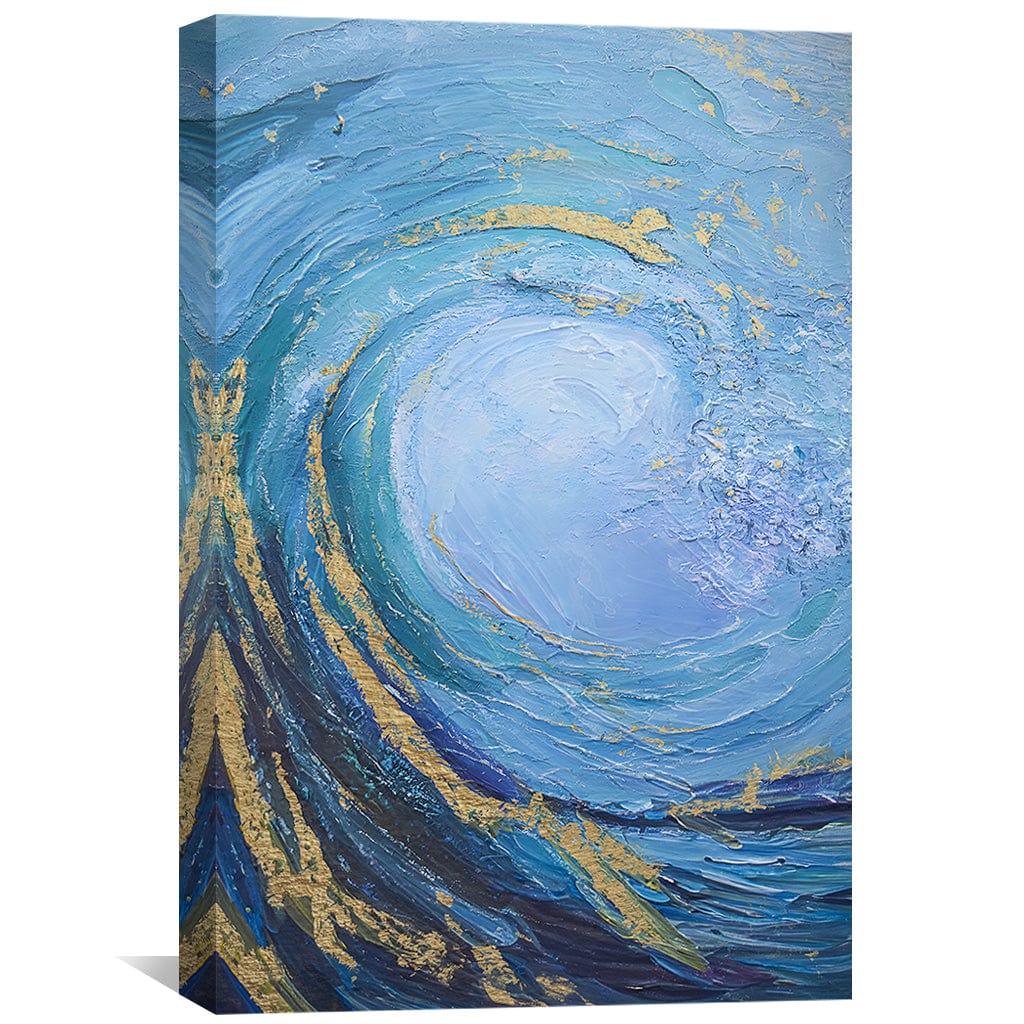 Dynamic Abstract Wave Oil Painting in Vibrant Blues and Golds