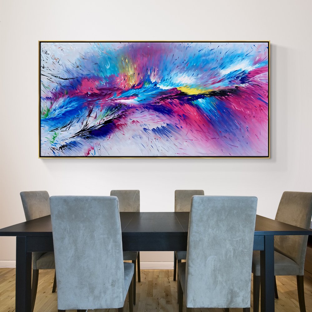 Vibrant Abstract Oil Painting in Purple and Blue for Modern Home Decor