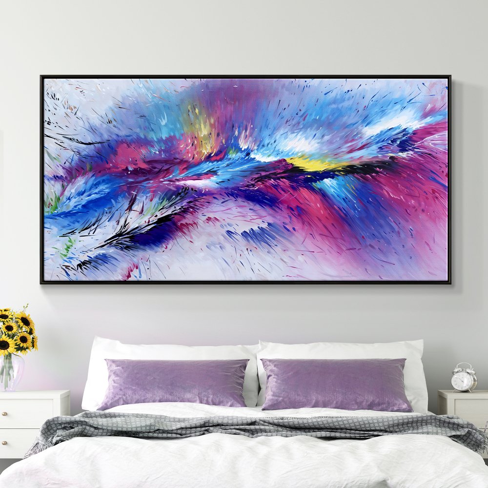 Vibrant Abstract Oil Painting in Purple and Blue for Modern Home Decor