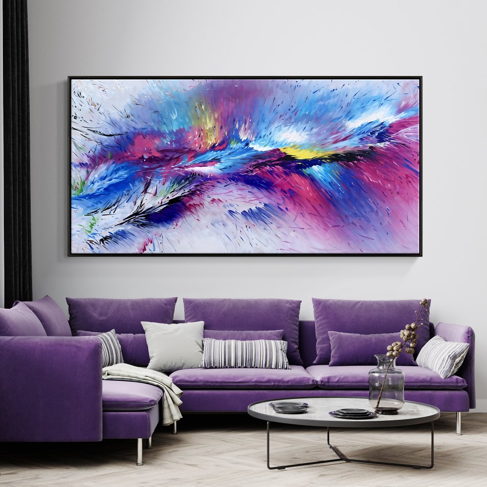 Vibrant Abstract Oil Painting in Purple and Blue for Modern Home Decor