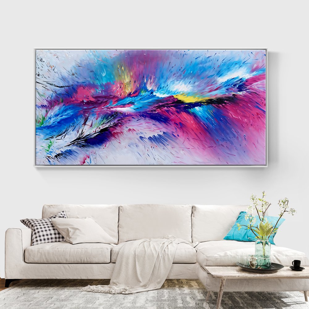 Vibrant Abstract Oil Painting in Purple and Blue for Modern Home Decor