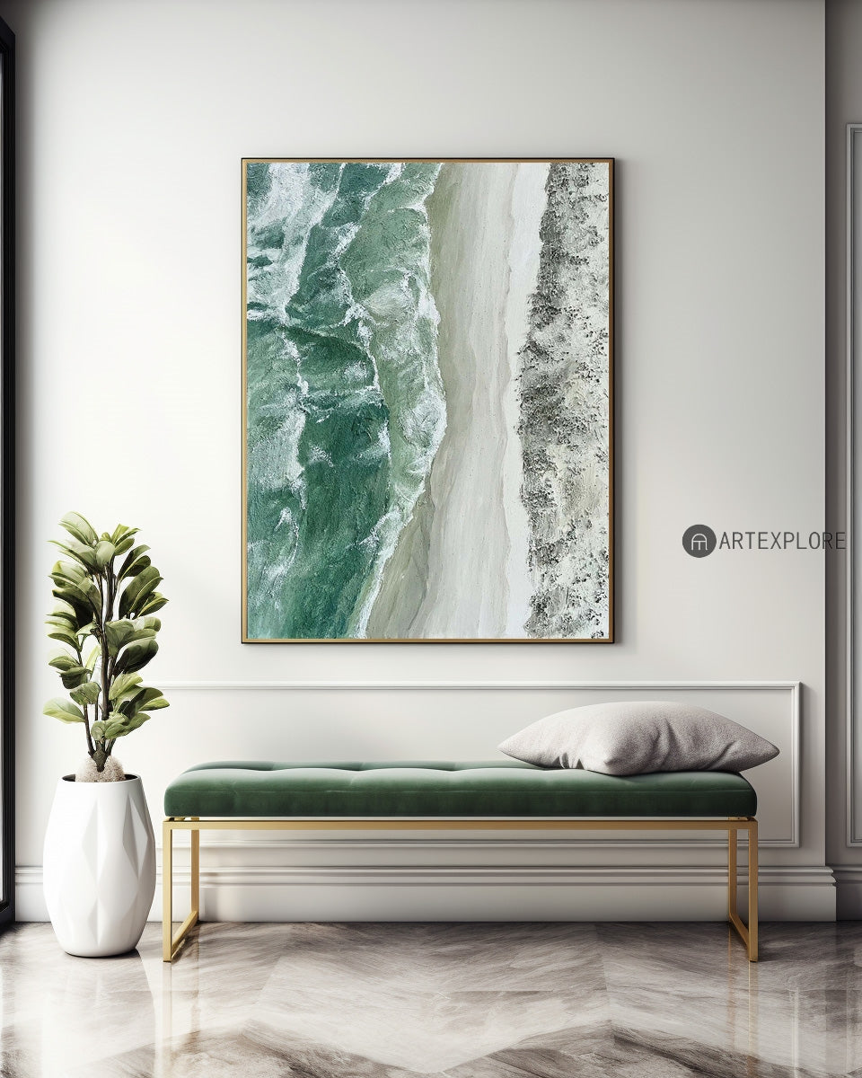 Serene Green Seascape Oil Painting for Coastal Home Decor