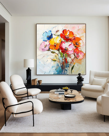 Vibrant Floral Abstract Oil Painting - Colorful Flower Bouquet on Canvas Art