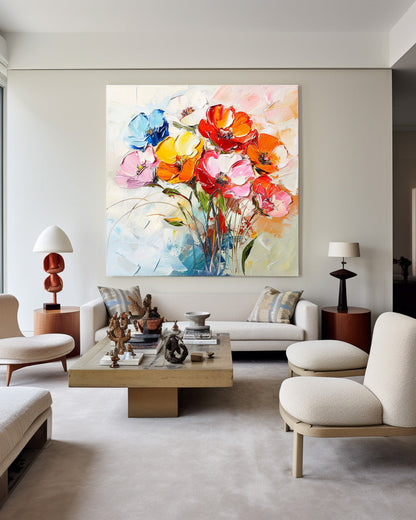 Vibrant Floral Abstract Oil Painting - Colorful Flower Bouquet on Canvas Art