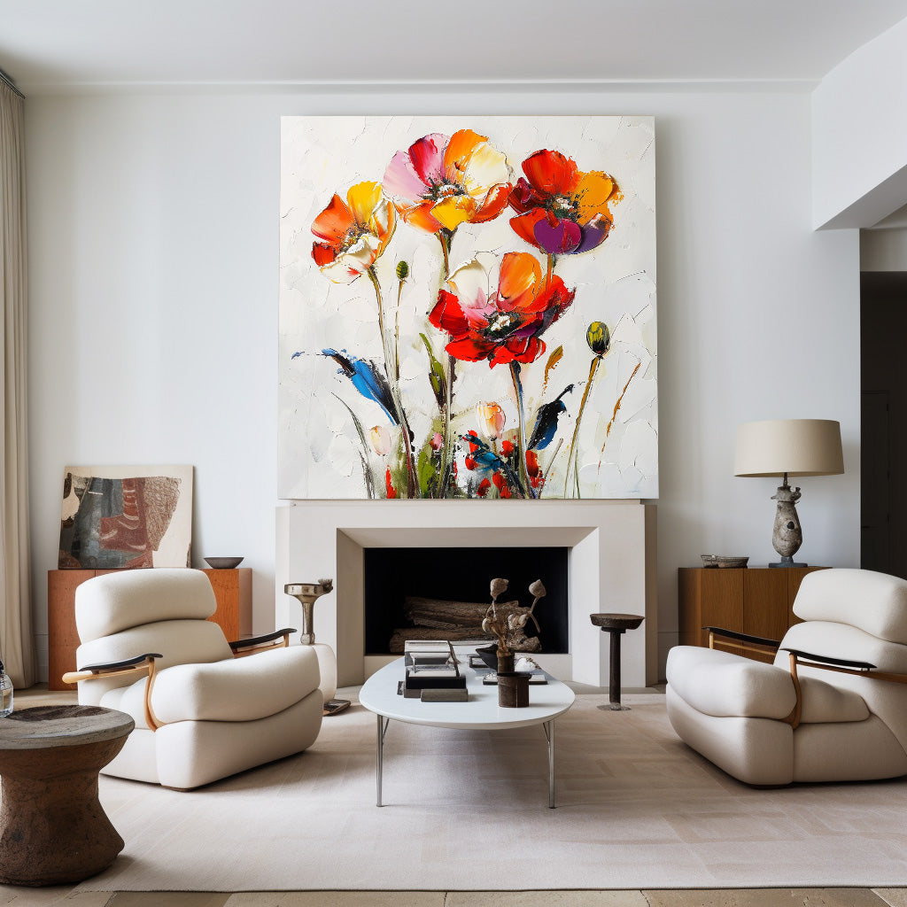 Vibrant Abstract Floral Oil Painting with Colorful Poppies for Modern Home Décor