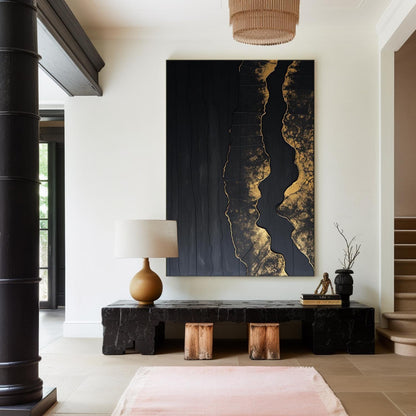 Elegant Minimalist Black and Gold Abstract Oil Painting for Modern Decor