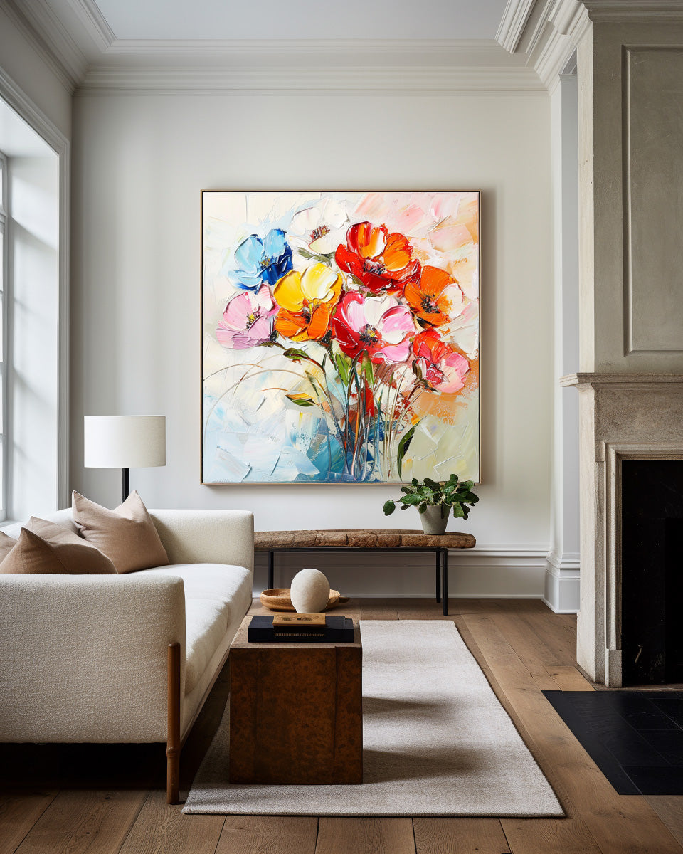 Vibrant Floral Abstract Oil Painting - Colorful Flower Bouquet on Canvas Art