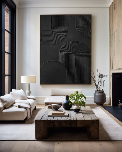 Contemporary Black Abstract Oil Painting with Textured Lines and Minimalist Elegance