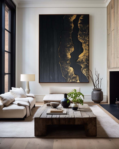 Elegant Minimalist Black and Gold Abstract Oil Painting for Modern Decor