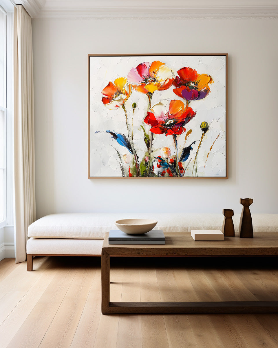 Vibrant Abstract Floral Oil Painting with Colorful Poppies for Modern Home Décor