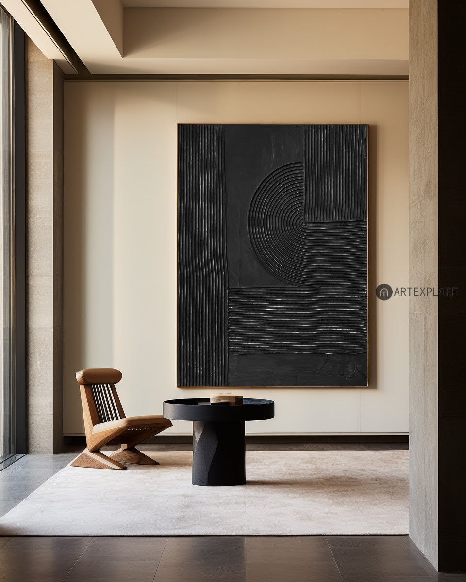 Sleek Black Minimalist Abstract Oil Painting for Modern Home Décor