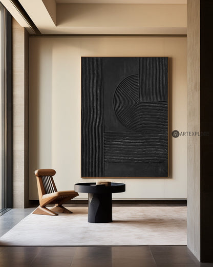 Sleek Black Minimalist Abstract Oil Painting for Modern Home Décor