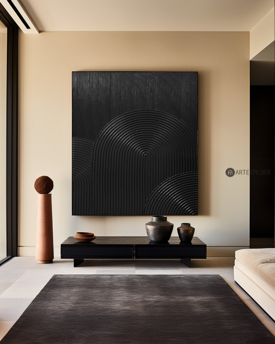Sleek Black Minimalist Abstract Oil Painting with Textured Waves and Modern Design