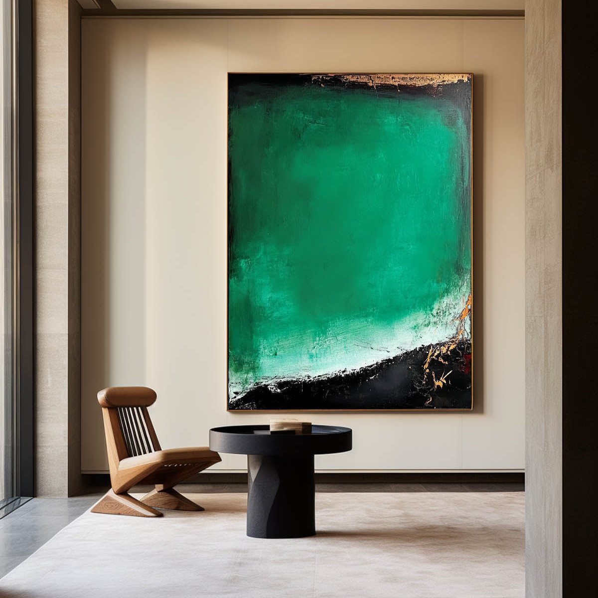 Vibrant Green and Black Modern Abstract Oil Painting for Contemporary Decor