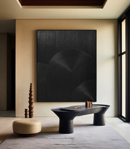 Sleek Black Minimalist Abstract Oil Painting with Textured Waves and Modern Design