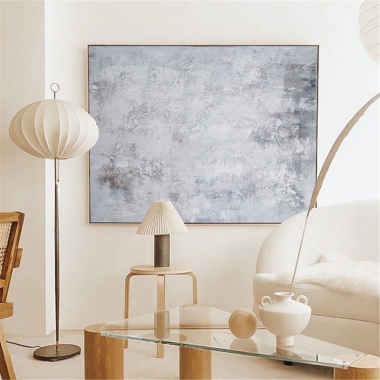 Modern Gray and White Abstract Oil Painting for Minimalist Home Decor