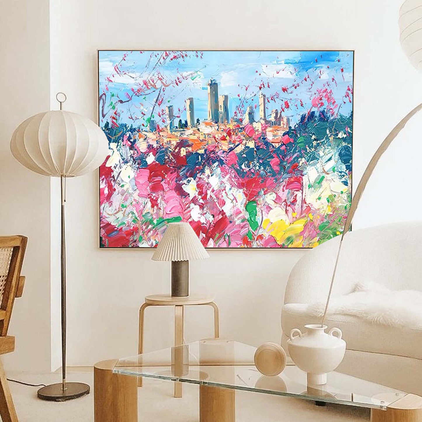 Vibrant Cityscape Oil Painting with Colorful Floral Foreground