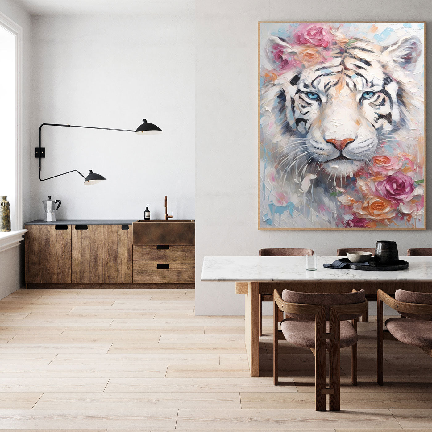 Majestic White Tiger Oil Painting with Floral Accents for Home Decor